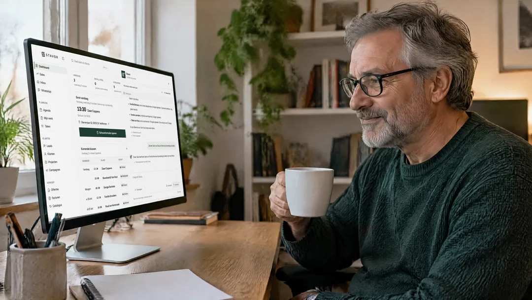 Een man met een kop koffie aan zijn bureau kijkt naar zijn monitor, met daarop het dashboard van Stavor en de chat van Stavor ernaast
